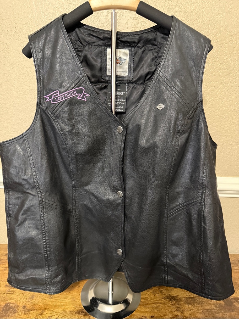 Harley-Davidson Black Leather Vest with Silver Bar & Shield Pin